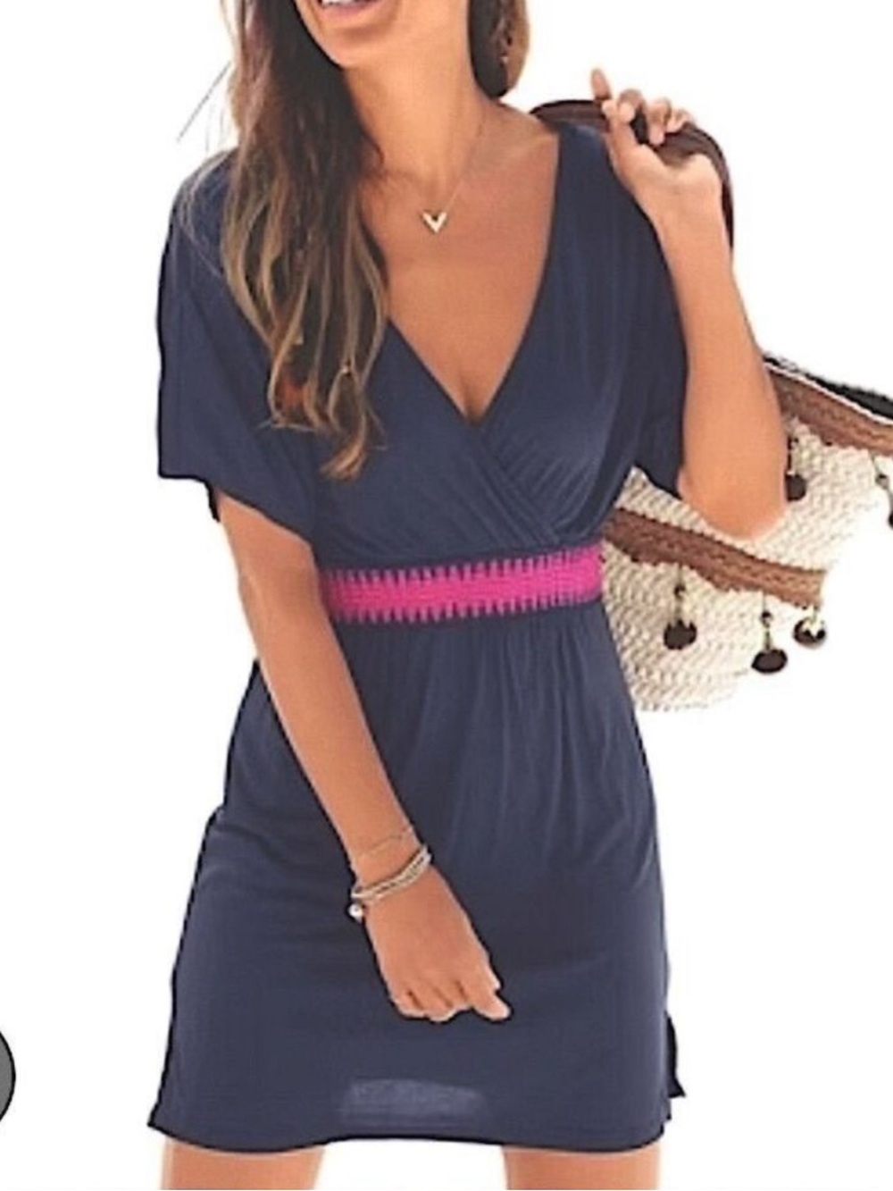 68. NWT Lascana Navy Cross front Dress with Pink Waist Detail. Medium D30